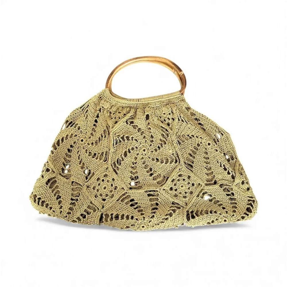 Crochet Boho Gold-Toned Handbag with Bamboo Handles